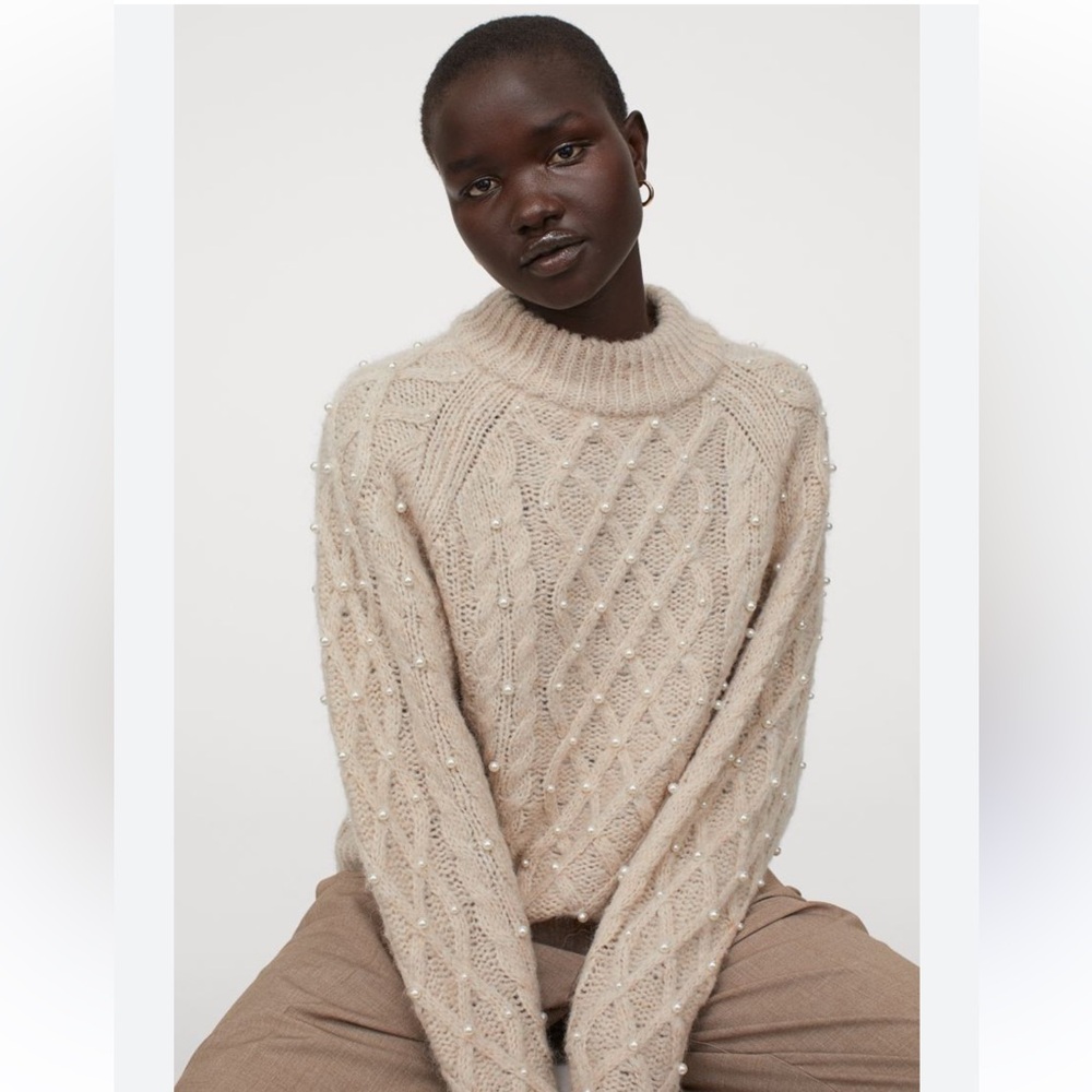 H&M Beige Turtleneck Sweater with Pearl Accents